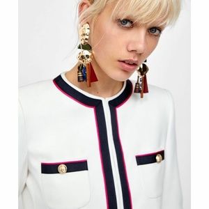 ZARA BASIC ECRU WHITE BLAZER RED NAVY TRIM JACKET
